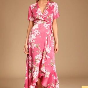 Forever Elegant Pink Floral Print Satin Ruffled Maxi Dress from Lulu’s